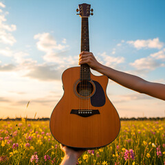 Acoustic Guitar in Vibrant Wildflower Field with blue sky