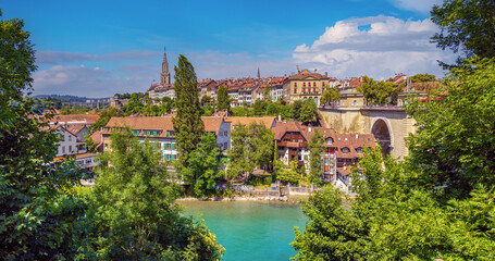 View of the old town of Bern, the Aare river and the Nydegg bridge from the BärenPark (Bear Park), Bern, Switzerland