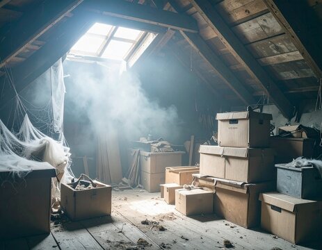 Dusty attic filled with forgotten boxes, cobwebs in corners