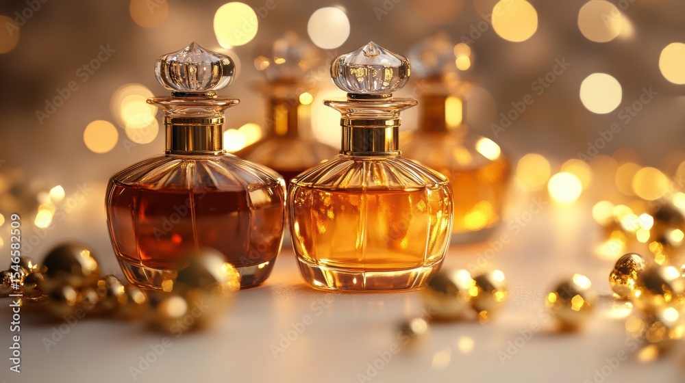Poster three elegant perfume bottles with golden liquid, surrounded by golden bokeh lights and decorative b