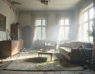Old living room with broken furniture, faded curtains, dust covering every surface