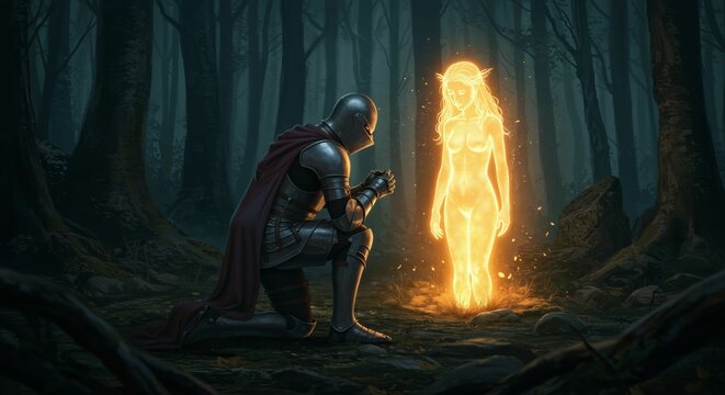 A knight's reverie: kneeling before luminous feminine entity in twilight forest