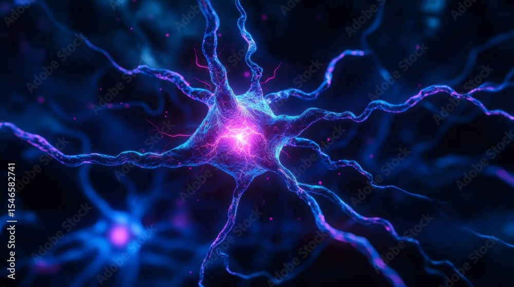 Aufkleber Microscopic view of a glowing neuron with branching dendrites and axons, displaying complex neural network connections.