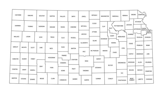State of Kansas, subdivided into 105 counties, political map with borders and county names. State in the Midwestern region of the United States, nicknamed The Sunflower State, and The Wheat State.