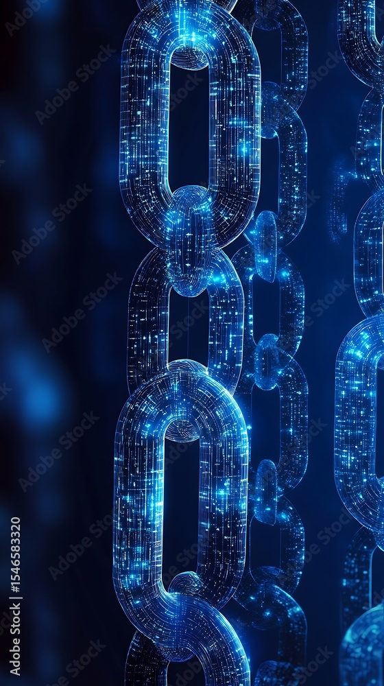 Poster Digital Chains Links Connection with Glowing Blue Lights on a Dark Background