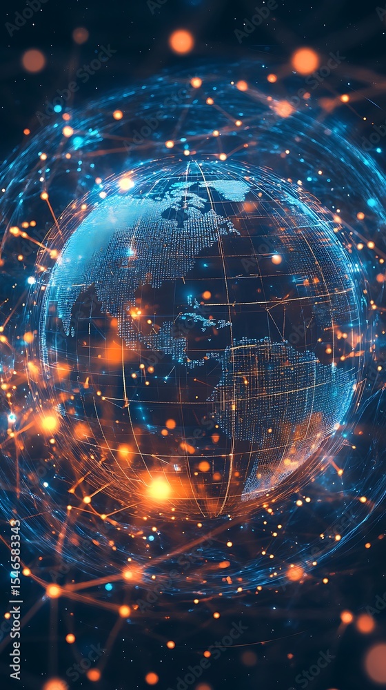 Poster Digital Global Network Connections Glowing Orange and Blue Data Points and Lines
