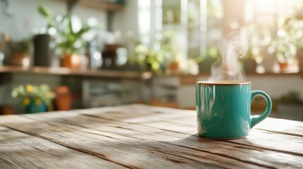 Obraz premium A steaming cup of tea placed thoughtfully on a rustic wooden table, evoking feelings of warmth, comfort, and tranquility in a cozy home kitchen setting.