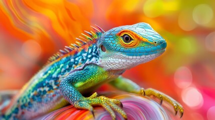Obraz premium Vibrant multicolored lizard on colorful background.