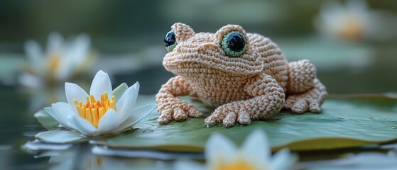 Obraz premium Crochet frog sitting on a lily pad