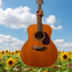 Acoustic Guitar in Vibrant Wildflower Field with blue sky
