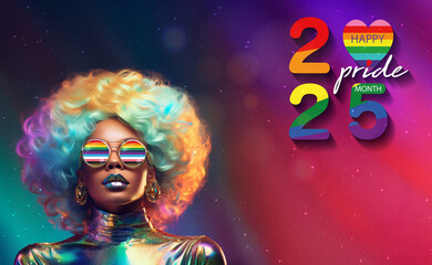 Happy Pride Month 2025 banner concept, drag queen wearing a sunglasses and colorful wig
