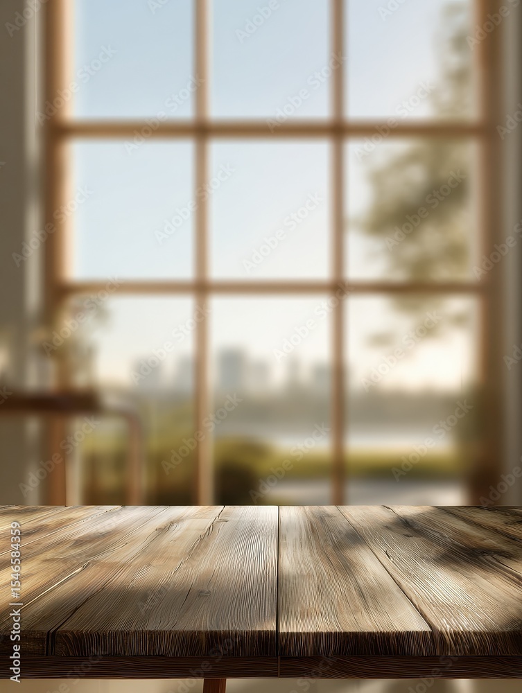 Poster a table background with open space and a softly blurred window.