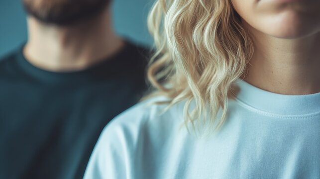 A close-up shot captures the shoulders and heads of two individuals dressed in casual clothing, conveying a sense of intimacy, connection, and shared experience.