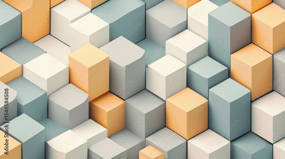 Poster abstract 3d rendering of geometric shapes in pastel colors.