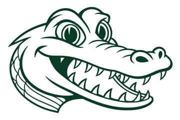 Smiling alligator head with pointy teeth is shown in outlined green color