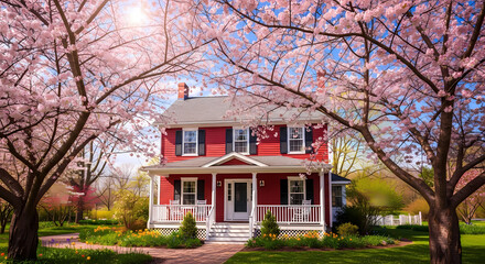 Charming Red House Nestled Among Cherry Blossoms