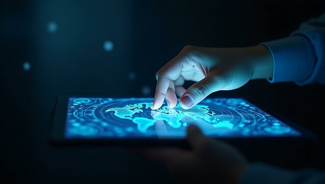 A close-up of a hand interacting with a glowing tablet display showing a digital map.