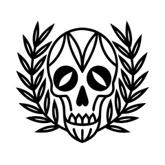 Black Line Art Skull with Laurel Wreath Design Element