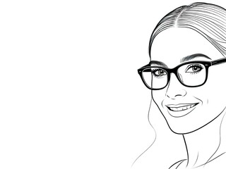 line drawing of smiling woman in glasses, copy space, coloring page, optics