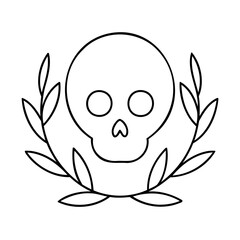 Skull with Laurel Wreath Outline Black and White Illustration