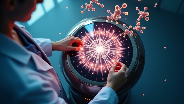 Female scientist focusing on molecular dynamics with interactive technology, showcasing a burst of colorful particles and energy.