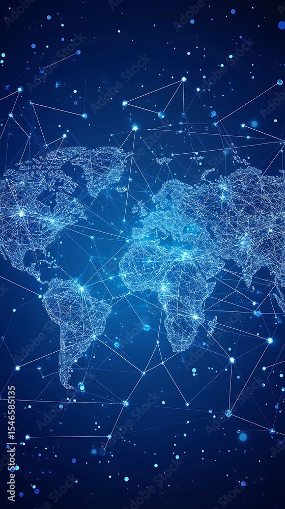 Poster Global Network World Map with Glowing Nodes and Line Connections on Blue Background