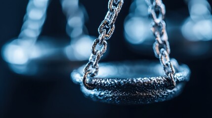 A close-up view focusing on a justice scale, emphasizing the balance of equity and justice with a sleek silver aesthetic and intricate chain details in a blurred background.
