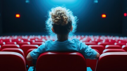 A child with curly hair sits alone in a dimly lit theater, their back facing us, eagerly waiting for the movie to start, embodying the excitement and adventure that cinema brings.