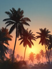 Obraz premium Silhouette of palm trees at tropical sunrise or sunset