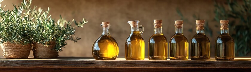 Italian olive oil in glass bottles on rustic shelf