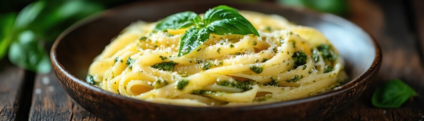 Italian pasta with pesto on rustic plate