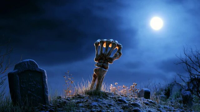 Zombie hand on graveyard. Halloween design. A skeletal hand reaching from underground to push a grave over with full moon. Scary spooky 4k video