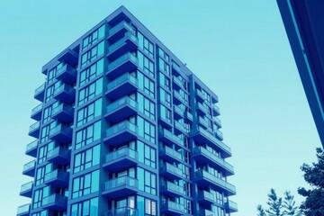 Fototapeta premium Lowangle view of a blue highrise apartment building with balconies against a light blue sky
