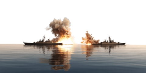 Dramatic naval warfare scene with exploding warships on calm sea during sunset Concept of military conflict, maritime power, and naval technology