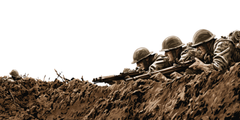 World War I soldiers in trench aiming rifles, illustration of military conflict and historical warfare Concept of courage, sacrifice, and remembrance in the great war