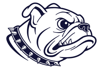 Navy blue cartoon bulldog head shows teeth wearing spiked collar on a white background