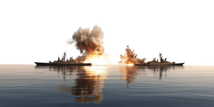 Dramatic naval warfare scene with exploding warships on calm sea during sunset Concept of military conflict, maritime power, and naval technology