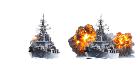 Warship Under Attack with Explosions on Open Water Concept of Naval Warfare, Military Conflict, and Maritime Defense
