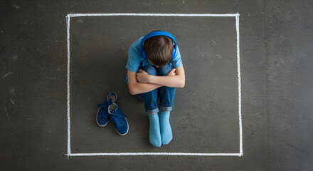 Autistic boy with headphones sitting inside chalk square hugging knees symbolizing sensory retreat and emotional self-regulation