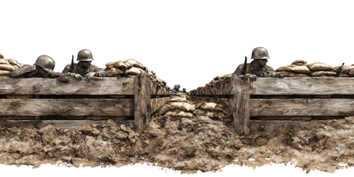 World War II Soldiers in Trench Warfare, Armed and Ready for Battle Concept of military history, conflict, and defense