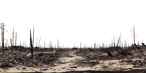 Devastated landscape with charred trees after wildfire, showcasing environmental destruction and the aftermath of a forest fire Concept of climate change, disaster, and deforestation