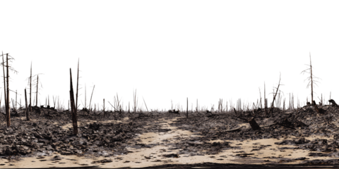 Devastated landscape with charred trees after wildfire, showcasing environmental destruction and the aftermath of a forest fire Concept of climate change, disaster, and deforestation