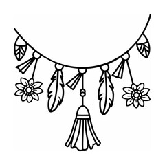 Black Line Art Garland with Flowers Feathers Tassels