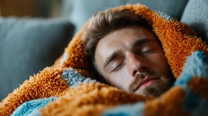 This image captures a peaceful moment of a man resting comfortably while wrapped in a cozy blanket, exuding warmth and tranquility in a home setting.