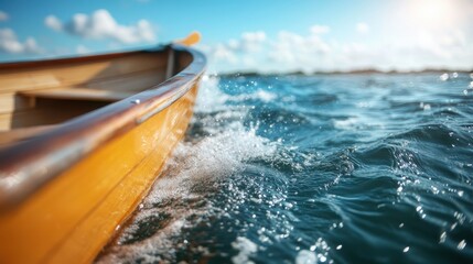 An artistic shot of a wooden boat cutting through clear blue waters, evoking a sense of tranquillity and connection to nature's serene environments.