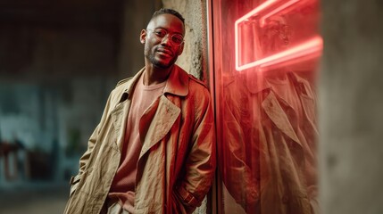 A fashionable man in a beige trench coat poses by a wall with a neon sign, showcasing modern style and urban vibes in a captivating portrait.