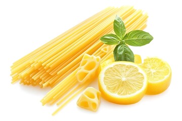 Raw Spaghetti with Cheese, Lemon, and Basil Arrangement on a White Background
