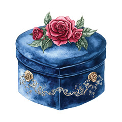 Watercolor illustration of blue heart shaped box with roses on transparent background