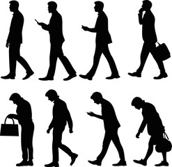 Navigating Daily Life: A collection of eight silhouette portrays individuals immersed in the routines of modern living, engaged in tasks like checking a device, conducting a call, and carrying a bag.