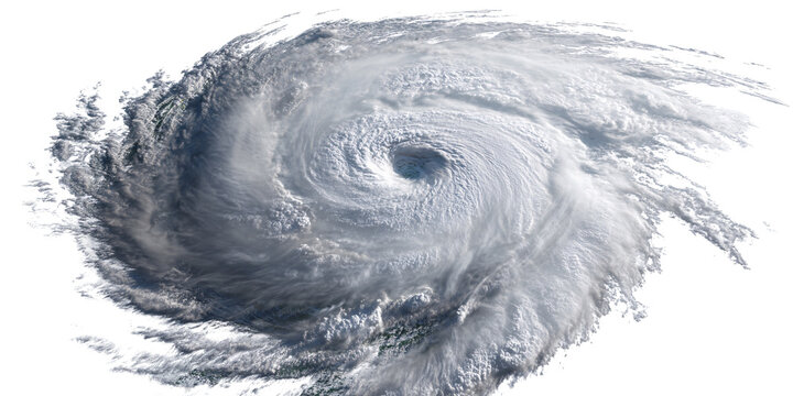 Aerial view of a powerful hurricane with swirling clouds and a visible eye Concept of extreme weather, natural disaster, and climate change